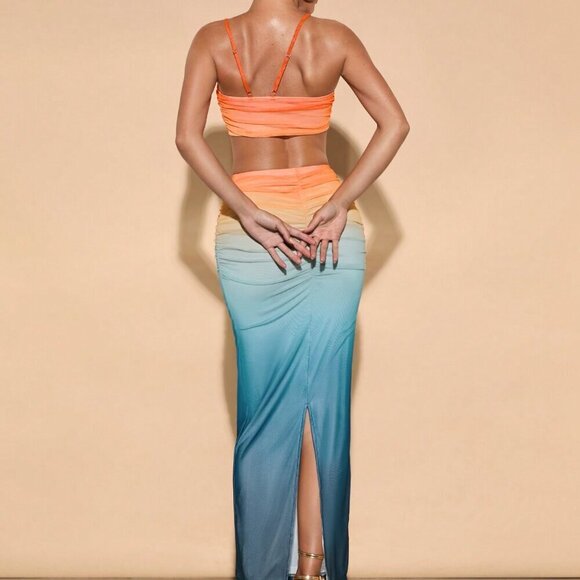 Orange Sexy Women's Ombre Spaghetti Strap Crop Top & High Waisted Pencil Skirt - Picture 5 of 7